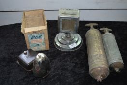 Grampian Public Address Microphone plus Gec Bakelite Bell, and Two Brass Minimax Fire Extinguishers