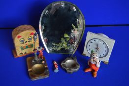 Painted 1930's Mirror plus Novelty Clocks, etc.