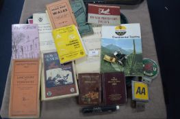 Tray Lot of Motoring Collectibles, Maps, Car Badges, etc.
