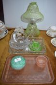 1930's Green Glass Mushroom Lamp plus Coloured Glassware etc.