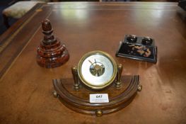 Turned Marble Inkwell, Paper Mache Inkwell, and a Desk Barometer