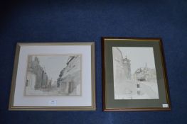 Two Framed Watercolour - Billingsgate, London by H.M. Ward 1959