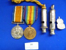 WWI Medal Duo; PTE L.R. Morfitt East Yorkshire Regiment, plus ARP Whistle & Badge