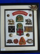 Framed Leicestershire Regiment Cap Badges, Cloth Unit Badges, and Dog Tags