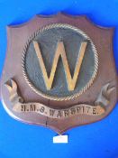 Heavy Wood & Metal Plaque - HMS Warspite ~31.5x32cm