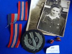 Small WWII Personal Effect Including Medal Ribbons, Cloth Bomb Disposal Badge, and Photos
