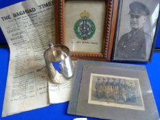 Framed Embroidery, Two Photos, Baghdad Times and a Silver Plated Tankard