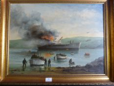 Framed Oil on Canvas of Sir Galahad, Falklands Conflict by Whitehand ~72x57cm around frame