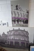 * 2 x large canvas with buildings and purple and grey details. 1600w x 1000d and 600w x 900d