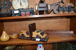 Wooden Car Bookends, Turned Fruit, etc.