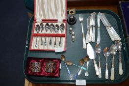 EPNS Mother of Pearl Handled Knives, Teaspoons, Na