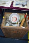 Tea Chest Containing Kitchenware, Glassware, etc.