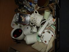 Box Containing Decorative Plates, Heat Lamp, etc.