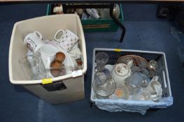 Tub and a Bin Containing Household Items; Glasswar