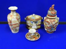 Oriental Vases, Cup & Saucer, and a Biscuit Barrel