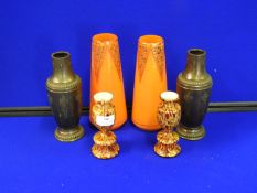 Two Glass Vases, Two Glass Candle Holders and Two