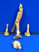 Four Wood Carvings; Parrot, Birds and Hippo