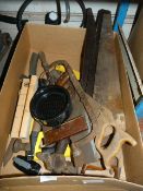 Box Containing Assorted Hand Saws, Mitre Blocks, e