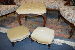 Carved Mahogany Stool and Two Matching Footstools