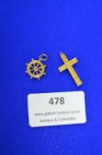 9k Gold Crucifix and Ships Wheel Charm ~1.3g total