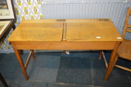 Vintage Retro Double School Desk with Lift-UP Compartment and Brass Inkwells