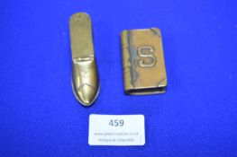Brass Vesta Case with Cigar Cutter in the form of a Shoe and one in the form of a Book