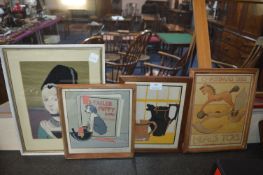 Three Framed Hand Painted Nursery Pictures and a Embroidered Portrait