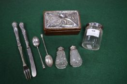 Silver Lidded Oak Box - Birmingham 1905 plus Cruets, Silver Spoons, Knives & Forks, etc.