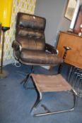 Retro Chrome Swivel Chair with Brown Leather Upholstery and Matching Stool