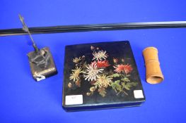 Paper Mache Box, Fruitwood Dice Shaker and a Nightlight