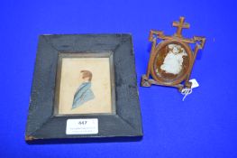 Miniature Carved Wooden Photo Frame plus a Watercolour Silhouette etc.