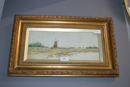 Victorian Gilt Frame Oil on Canvas of a Windmill Scene