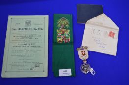 Masonic Items Including Hallmarked Silver Medal, Silk Band plus Ephemera