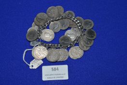 Hallmarked Sterling Silver Charm Bracelet - Birmingham 1977 with 1950s Sixpences