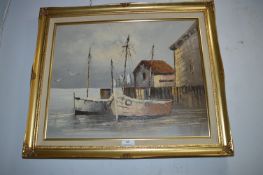 Gilt Framed Oil on Canvas by A. Daykin - Harbour Scene 1970's