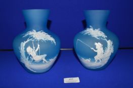 Pair of Blue Glass Vase with Children Playing