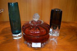 Two Small Glass Vases and a Cranberry Glass Covered Dish