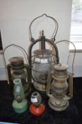 Three Hurricane lamps and Two Miniature Oil Lamps