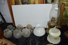 Eight Glass Lampshades plus an Electrified Brass Lamp and Funnel