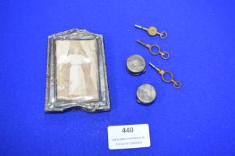 Small Hallmarked Silver Photo Frame (AF), Silver Cufflinks, and Three Pocket Watch Keys