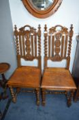 Pair of Victorian Carved Oak Barley Twist Hall Chairs