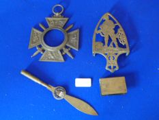 WWI Commemorative French Frame, Trench Art Paper Knife, Brass Trivet, 1914-18 Matchbox Holder