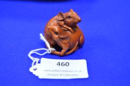 Japanese Netsuke Carved Wood Ornament of Two Rats (signed)