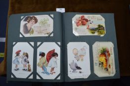 Postcard Album Containing Vintage Cards Including Lucy Atwell, Liners, Military Cards, etc.