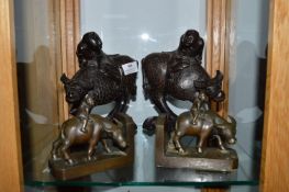 Pair of Carved Chinese Figure Riding Water Buffalo plus Bronze Bookends