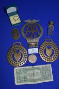 Horse Brasses, AA Badge, Silver Topped Scent Bottle, Coin, etc.