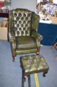 Green Leather Chesterfield Wingback Armchair with