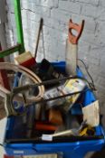 Tub of Tools Including Saws and Hardware, etc.