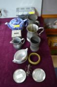 Pewter Tankards, Jewellery Box, Teapot, etc.