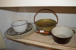 Copper Jam Pan, Enameled Saucepan, and Serving Pla